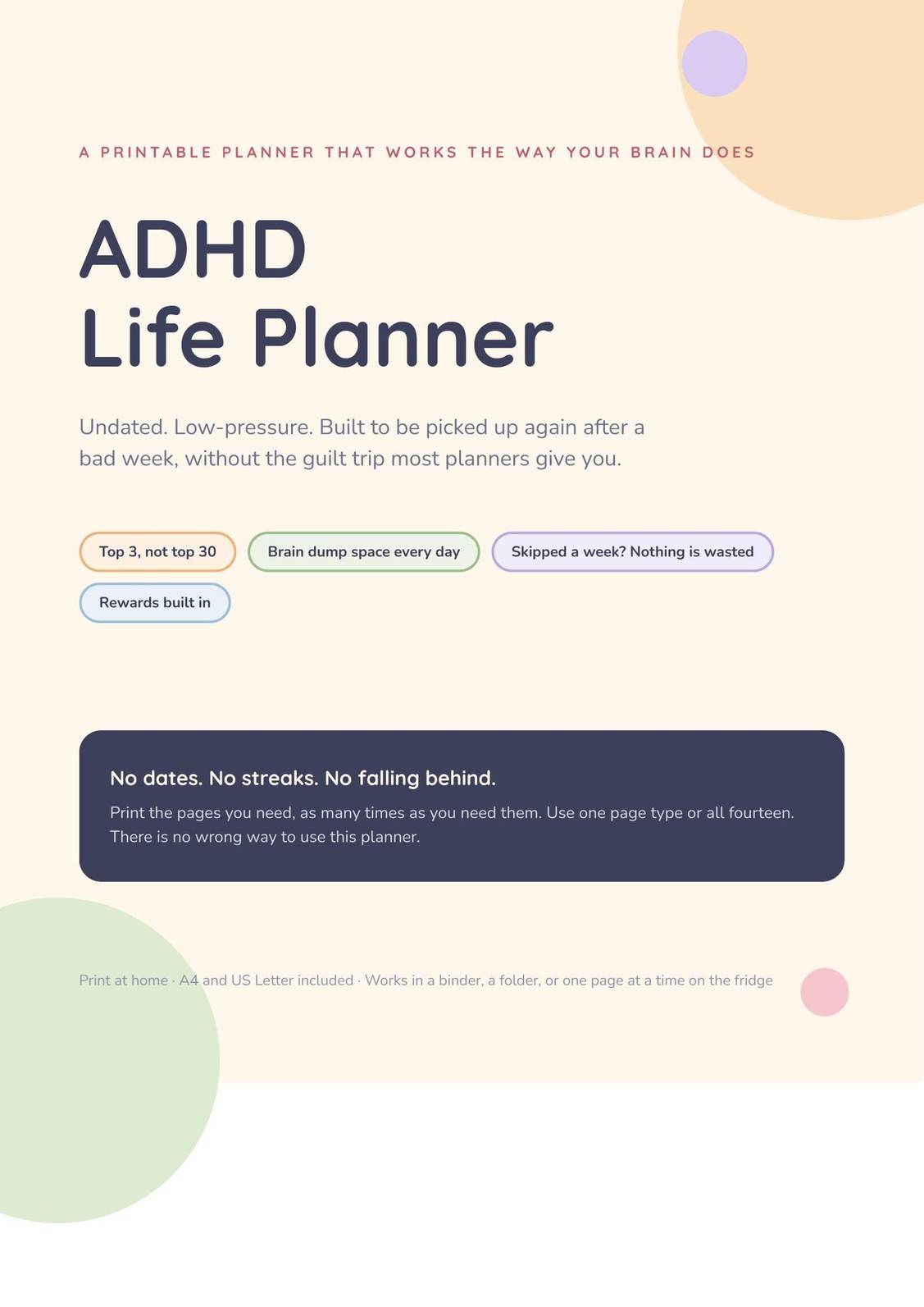 ADHD Life Planner — Undated Printable Planner for ADHD Brains (Daily Focus, Brain Dump, Task Breakdown, Dopamine Menu) — A4 & US Letter PDF cover
