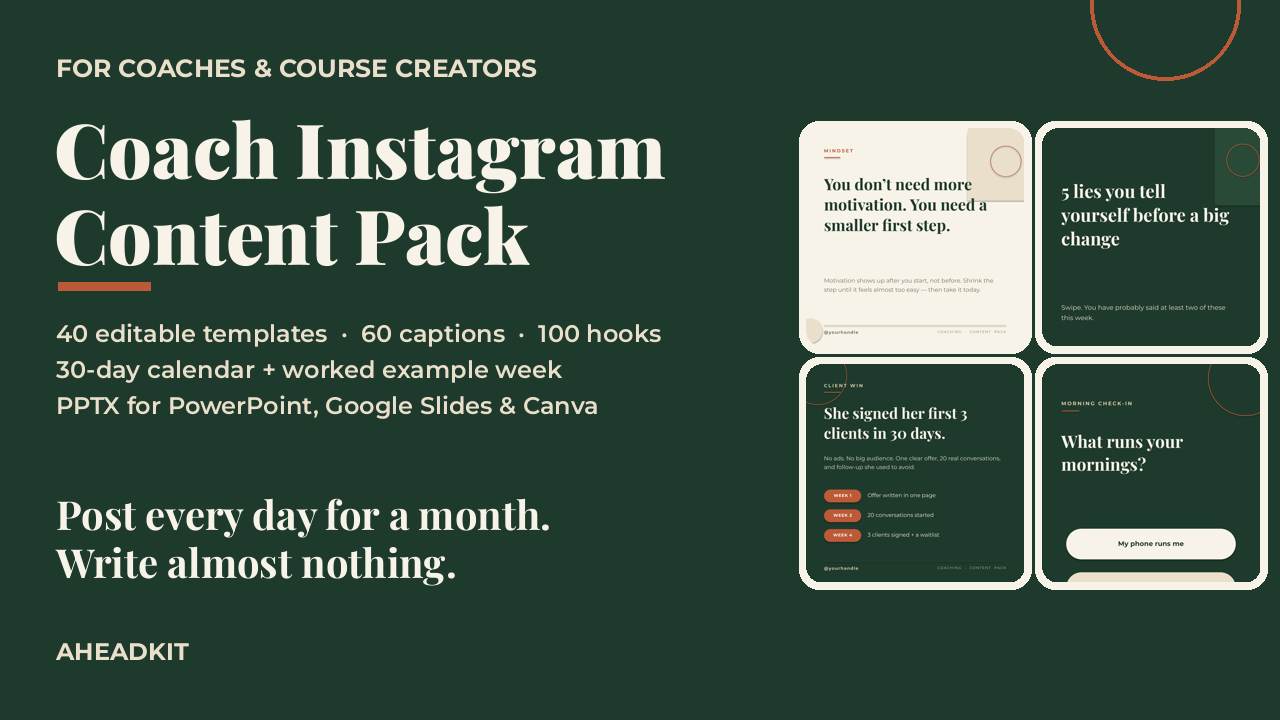 Coach & Course Creator Instagram Content Pack — 40 Templates, 60 Captions, 100 Hooks, 30-Day Calendar cover