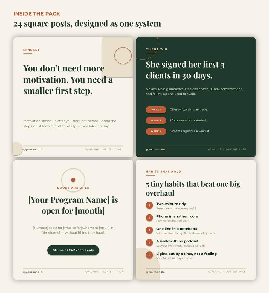 Coach & Course Creator Instagram Content Pack — 40 Templates, 60 Captions, 100 Hooks, 30-Day Calendar preview 2