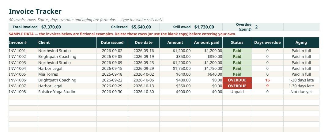 Freelancer Bookkeeping & Tax Spreadsheet Pack — Income & Expense Logs, Invoice Tracker with Overdue Alerts, Quarterly Tax Estimator, Mileage Log and Annual P&L for Google Sheets and Excel preview 3