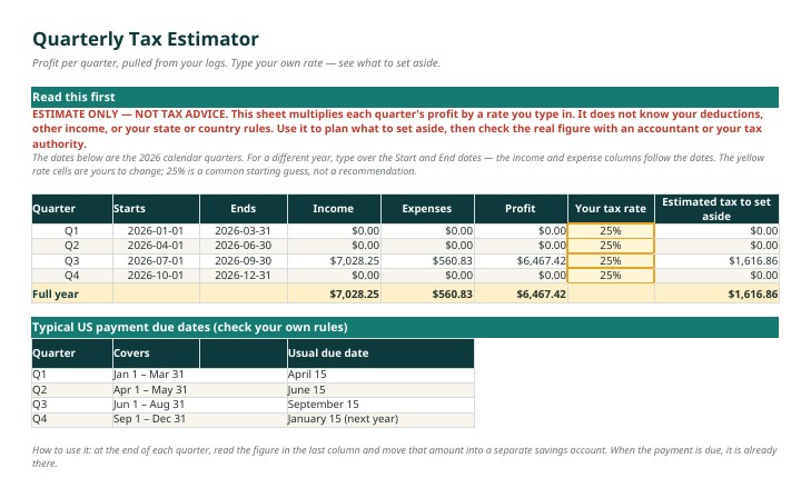 Freelancer Bookkeeping & Tax Spreadsheet Pack — Income & Expense Logs, Invoice Tracker with Overdue Alerts, Quarterly Tax Estimator, Mileage Log and Annual P&L for Google Sheets and Excel preview 4