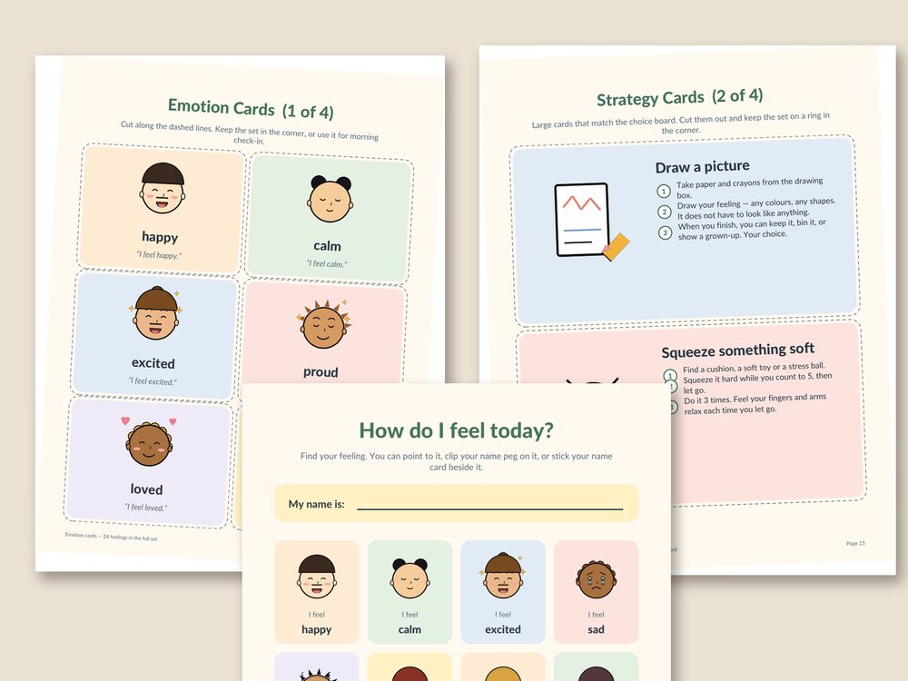 Calm Corner & SEL Toolkit — Printable Calm-Down Corner for PreK–Grade 5 (Feelings Check-In, 24 Emotion Cards, Choice Boards, Breathing Cards) — Colour + Black & White, US Letter & A4 preview 3
