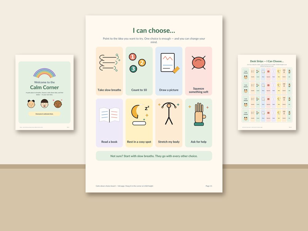 Calm Corner & SEL Toolkit — Printable Calm-Down Corner for PreK–Grade 5 (Feelings Check-In, 24 Emotion Cards, Choice Boards, Breathing Cards) — Colour + Black & White, US Letter & A4 preview 2
